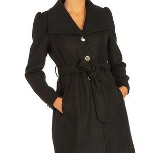 Wool-blend Black Pea Coat with Belt